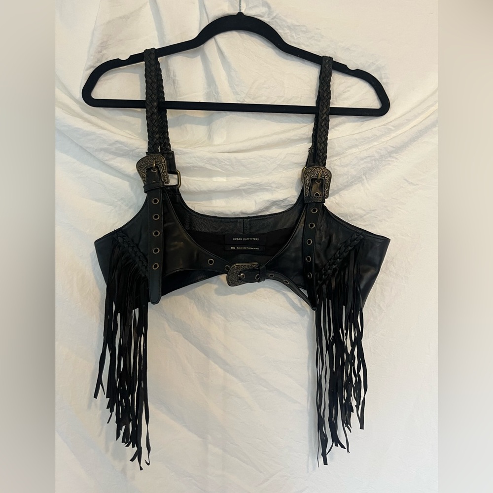 Urban Outfitters Black Faux Leather Fringe Harness Crop Top